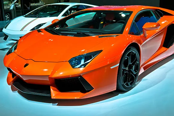 An orange Lamborghini Aventador is on display at the Chengdu International Auto Show.