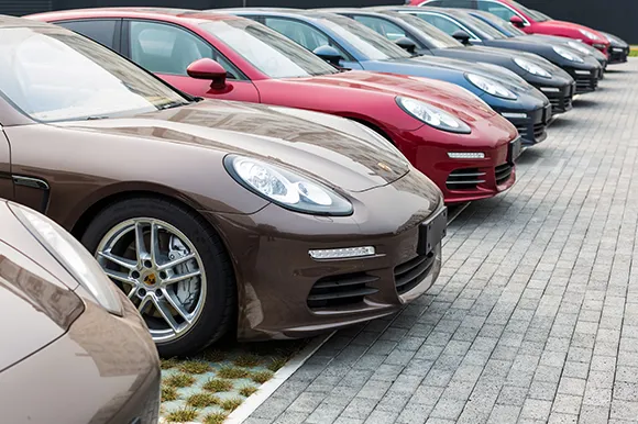 Multiple Porsche cars of different colors are parked alongside each other.